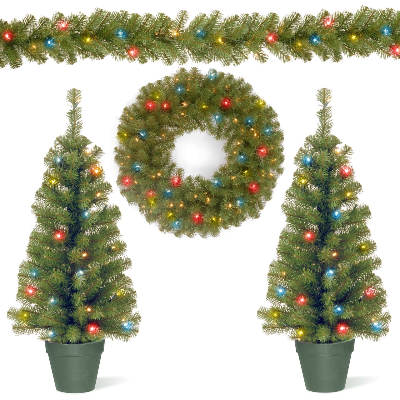 4-Piece Pre-Lit Artificial Christmas Garland, Wreath & Trees Set, Multicolor LED Lights